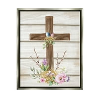 Службена духовна велигденска крст пролетни цвеќиња празнично сликарство, сив плови, врамен уметнички печатен wallид уметност