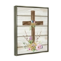 Службена духовна велигденска крст пролетни цвеќиња празнично сликарство, сив плови, врамен уметнички печатен wallид уметност
