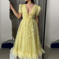 Ауроурал Плус Големина Фустани За Жени Облечени Модни Жени Обични Издувани Кратки Ракави В - Вратот Печатени Чипка Дами Долг