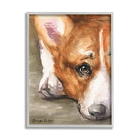 Студената индустрија Пријатно Корги кученце куче гледајќи лежејќи во сликарство, сива врамена уметничка печатена wallидна уметност,