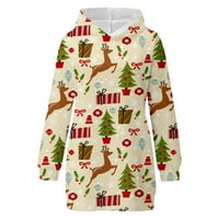 Ткинг Мода Женска Мода Божиќен елемент печатење со качулка дуксер џеб врвни божиќни носии За Жени-Бело Л